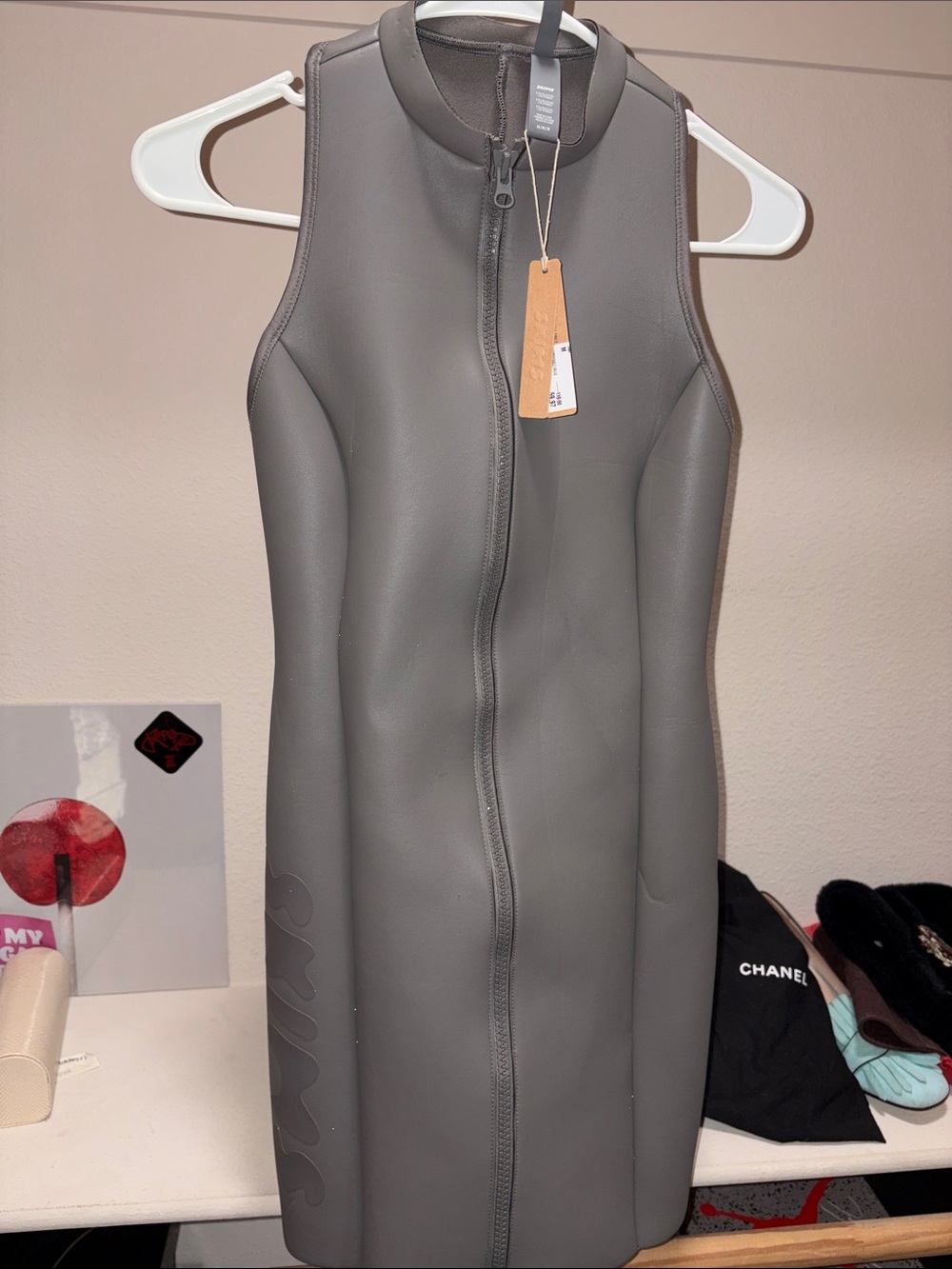 SKIMS Charcoal Gray Neoprene Front-Zip One-Piece Swim dress